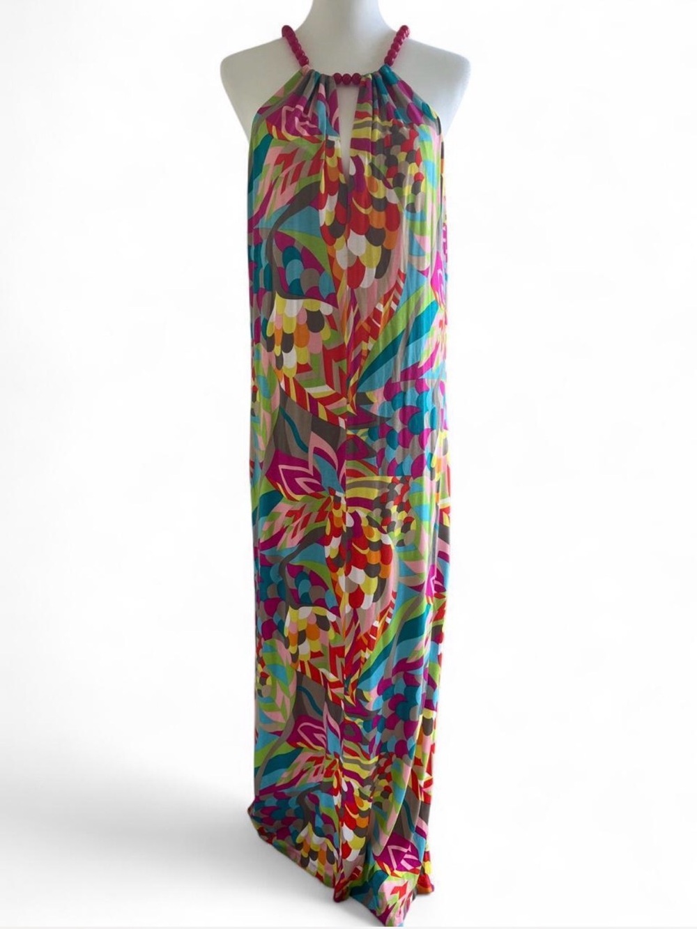 Trina Turk Vibrant Abstract Graphic Print Halter Maxi Dress Pink Green Size M
